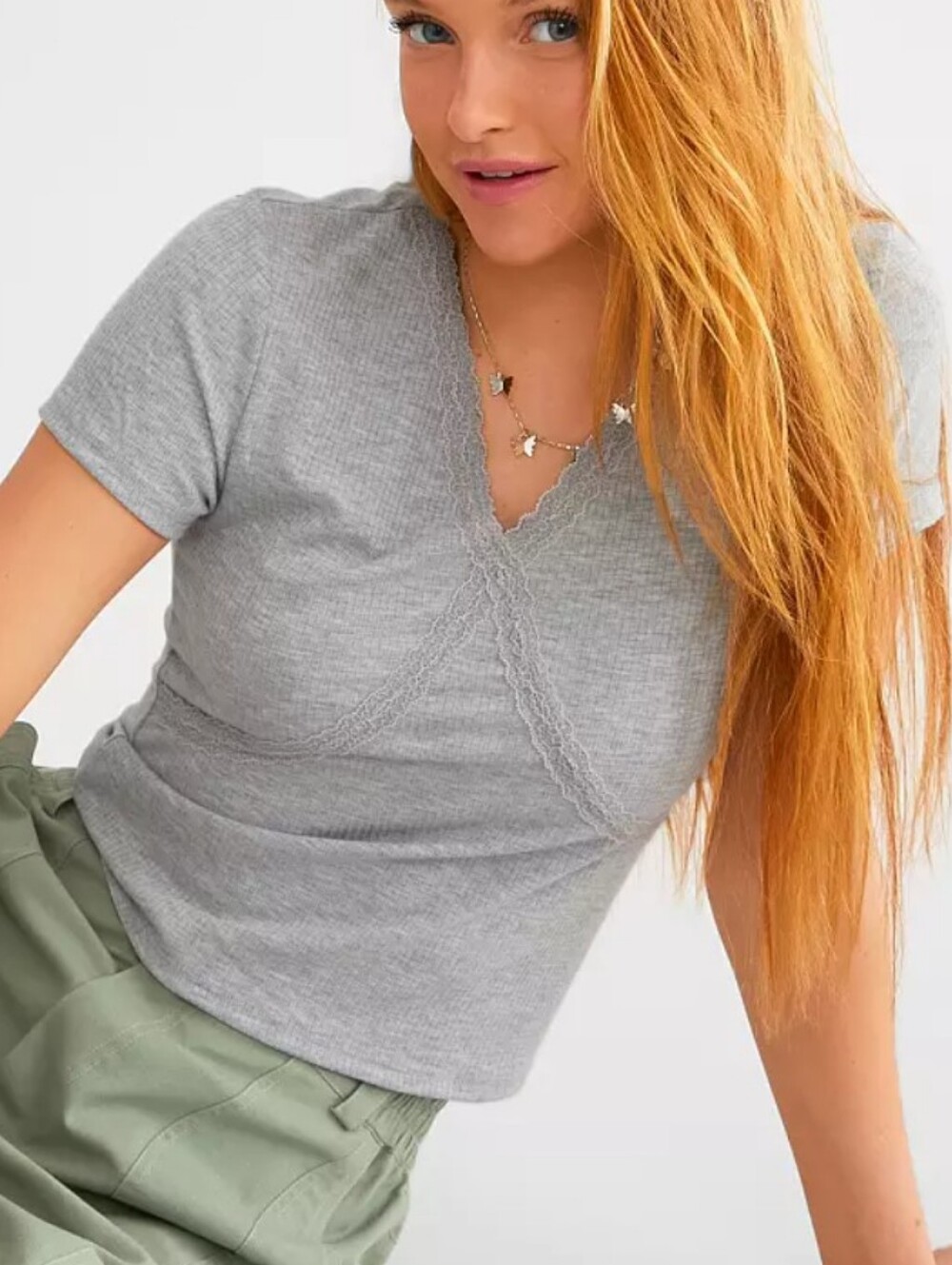 Buckle Heather Grey Ribbed Crop Tee w/ Lace Trim Y2K, Size Large